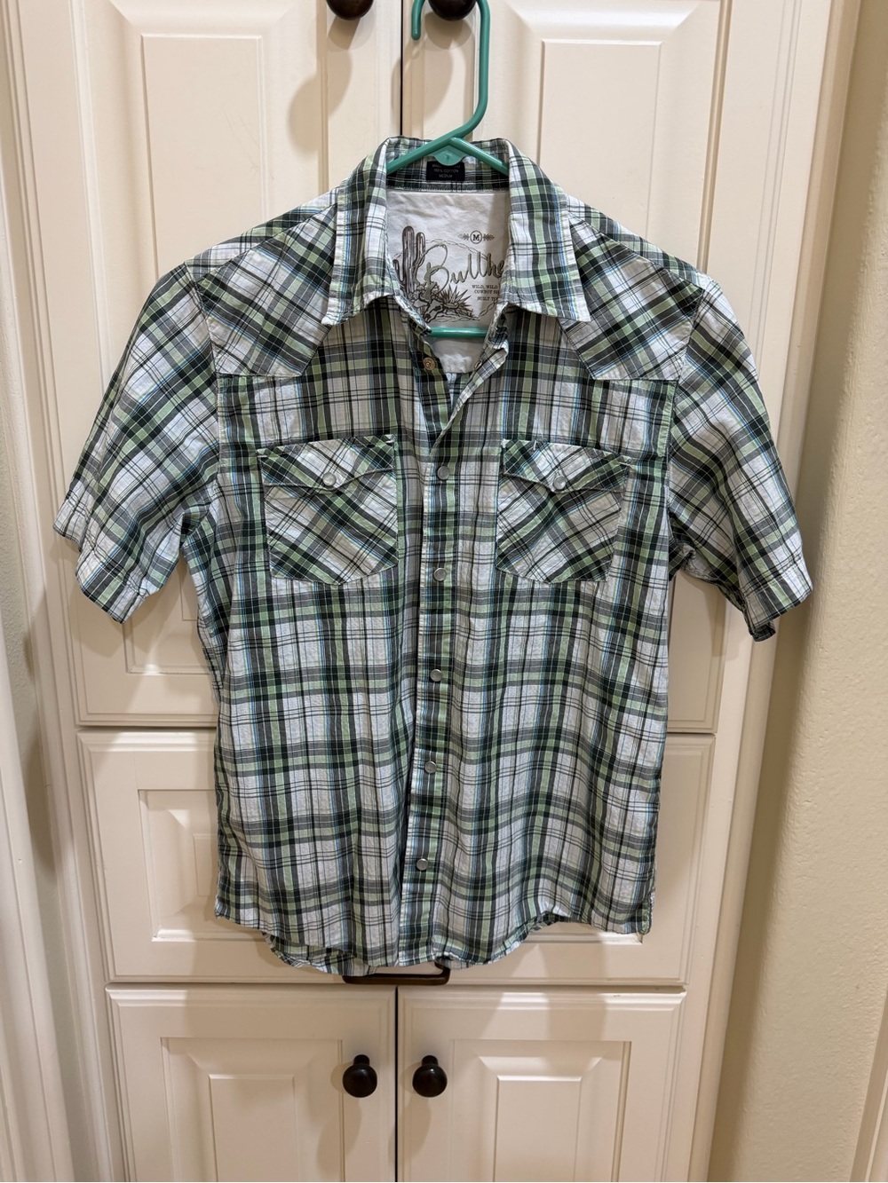 Bullhead Green and White Plaid Short-Sleeve Pearl Snap Shirt